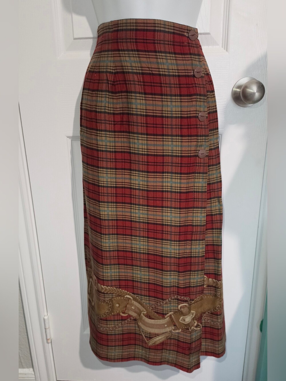 Vintage 90s Stonebridge Petites Plaid Rayon Midi Pencil Skirt Size 6P